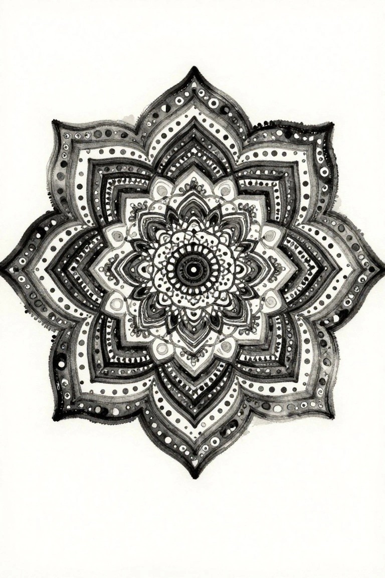 A black and white mandala painting with intricate layered patterns and symmetrical design.