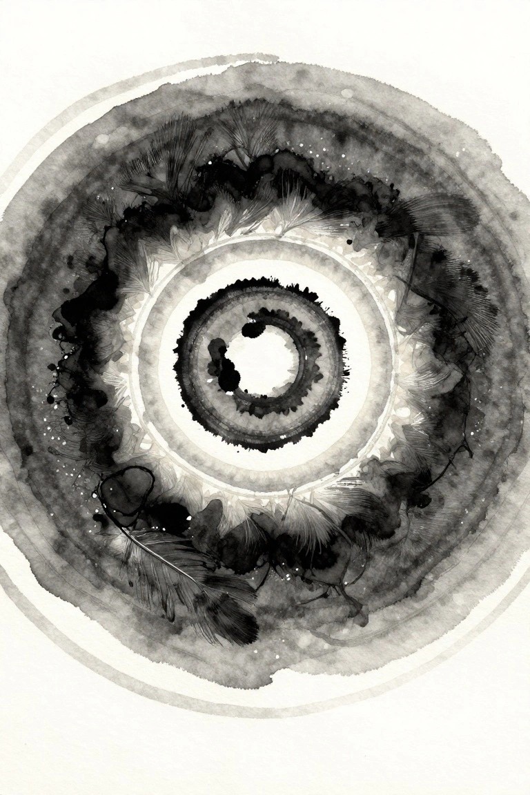 Black ink concentric circles with feathery brushstrokes and splatters on white background