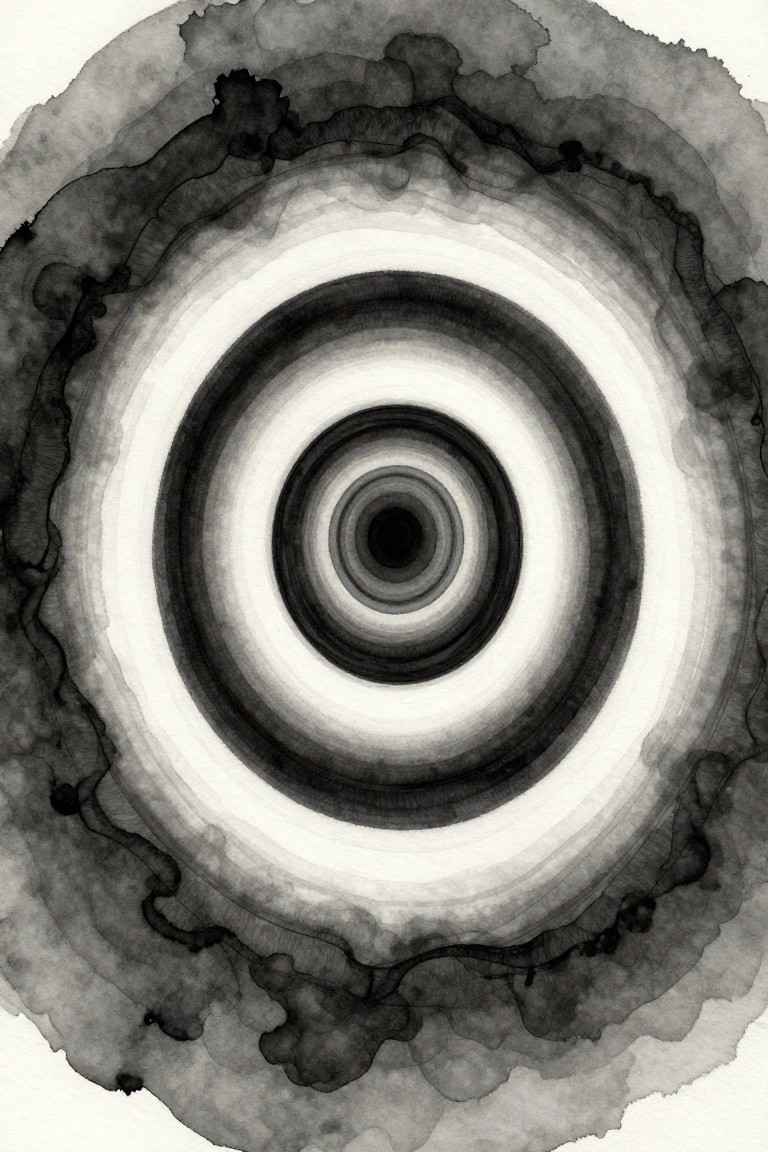 Abstract black and white watercolor concentric circles with irregular smoky edges