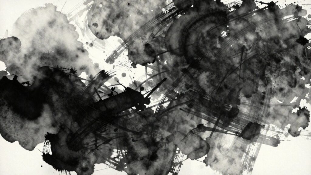 Abstract black ink splatters, brushstrokes, and washes on white paper