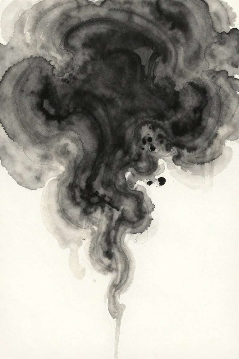 Swirling abstract black ink wash with fluid smoky shapes and downward drips