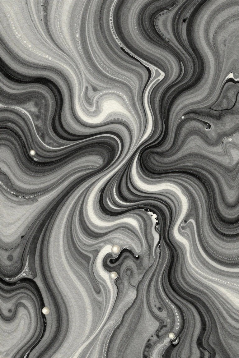 Swirling black, white, and gray marbled patterns forming organic wave-like shapes
