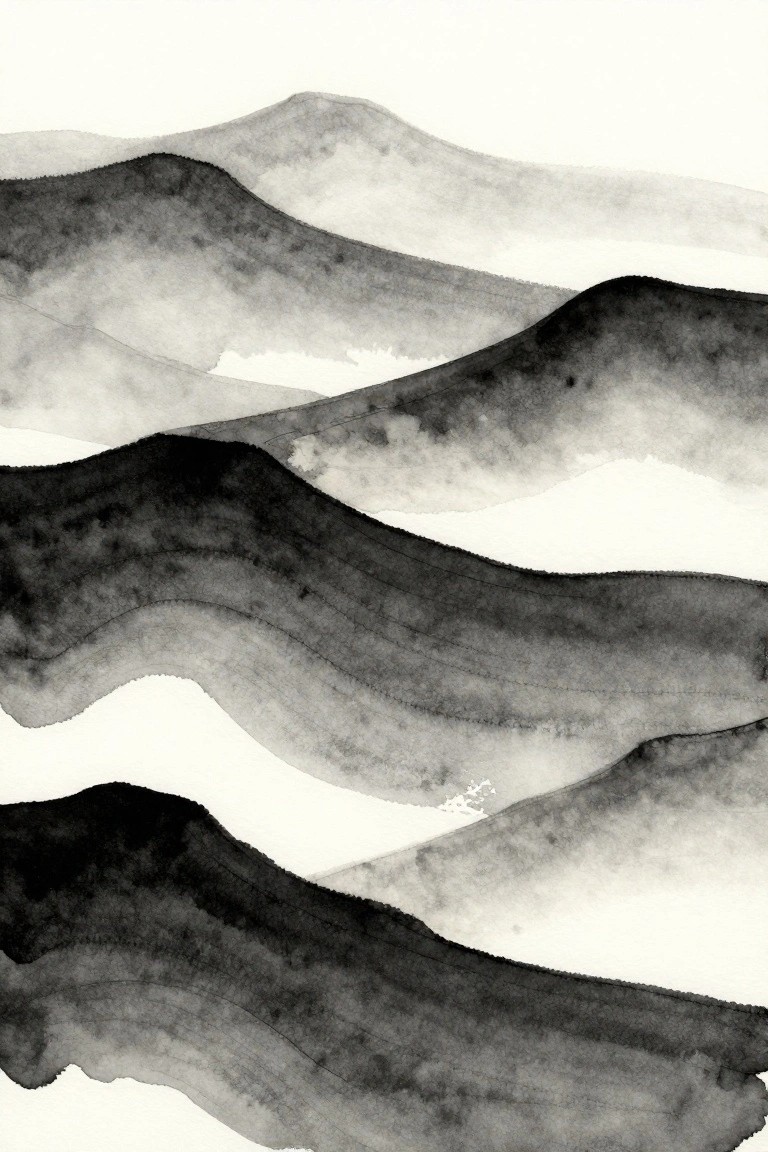 Abstract watercolor of layered wavy black and gray mountain ridges
