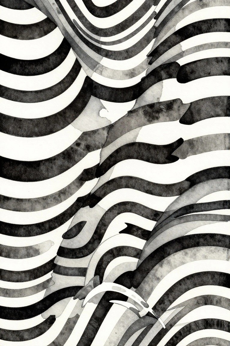 Abstract black-gray watercolor waves with overlapping curved lines and fish shapes