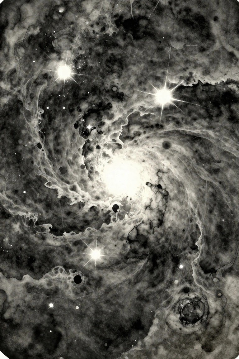 Swirling monochrome cosmic nebula with bright stars in abstract spiral formation.