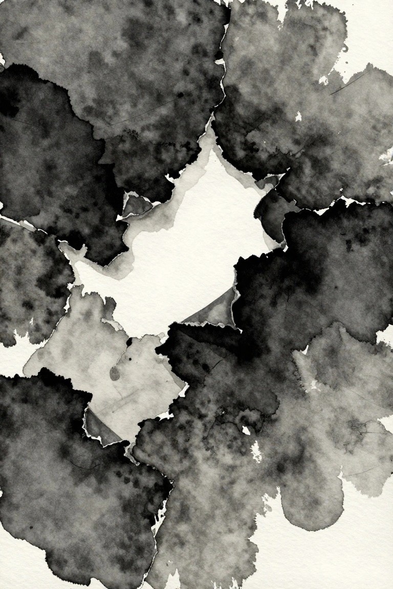 Abstract black and gray watercolor with irregular dark shapes on white background