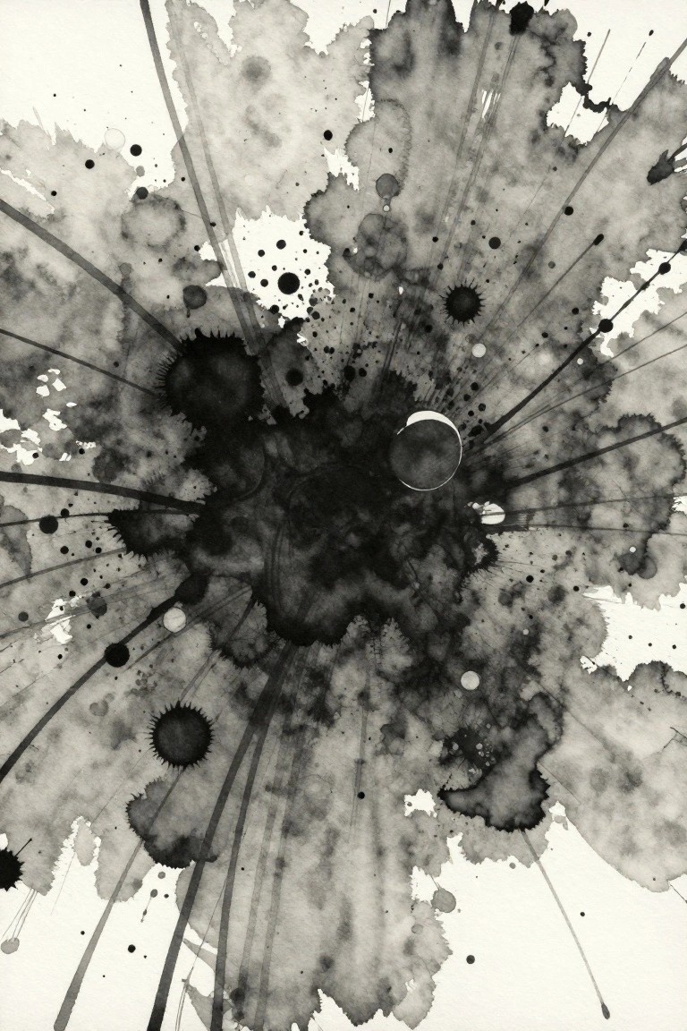 Abstract black ink splatter with radiating lines, dots, and circular bursts on white.