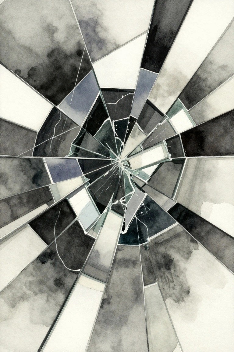 Shattered glass fragments radiating outward in black, white, and gray watercolor