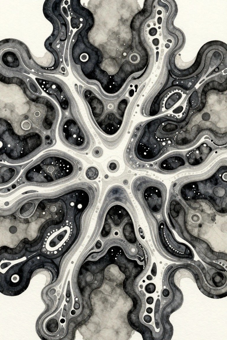 Abstract black-and-white watercolor of symmetrical organic snowflake-like patterns with dots and flowing lines.