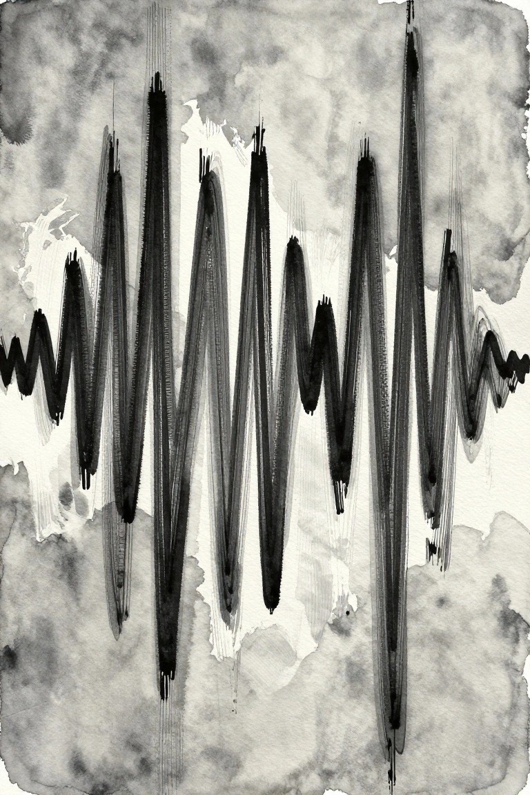Abstract black ink waves with vertical drips on gray watercolor background