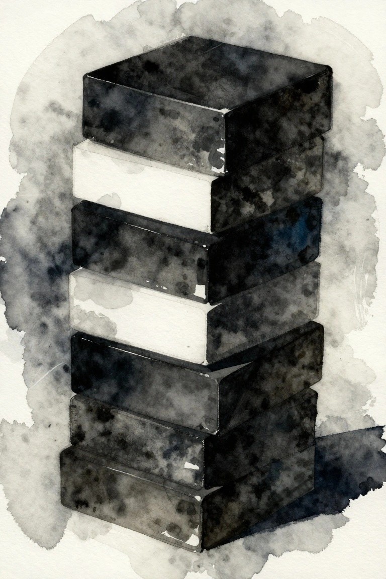 Watercolor painting of a leaning stack of black and white books with splatters