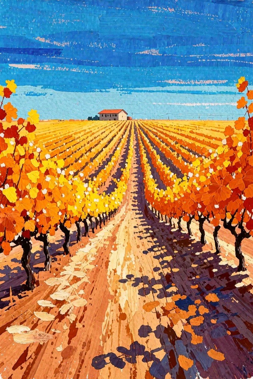 Vivid autumn vineyard painting with colorful rows leading to distant house under blue sky.