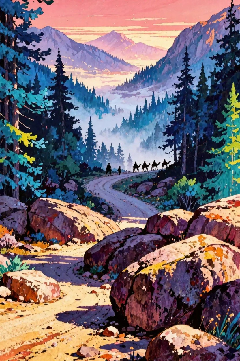 Vivid painting of misty mountain valley with winding road and camel caravan at dusk