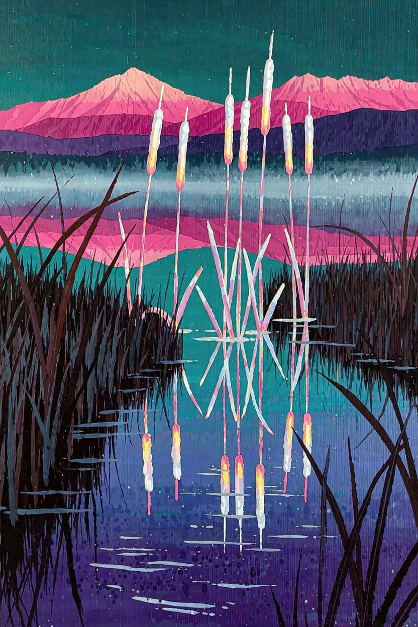 Stylized painting of pink mountains reflected in lake with glowing cattails and reeds