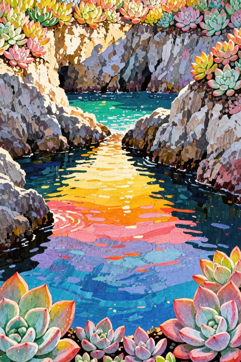 Colorful succulents frame a rocky cove with rainbow reflections on turquoise water.