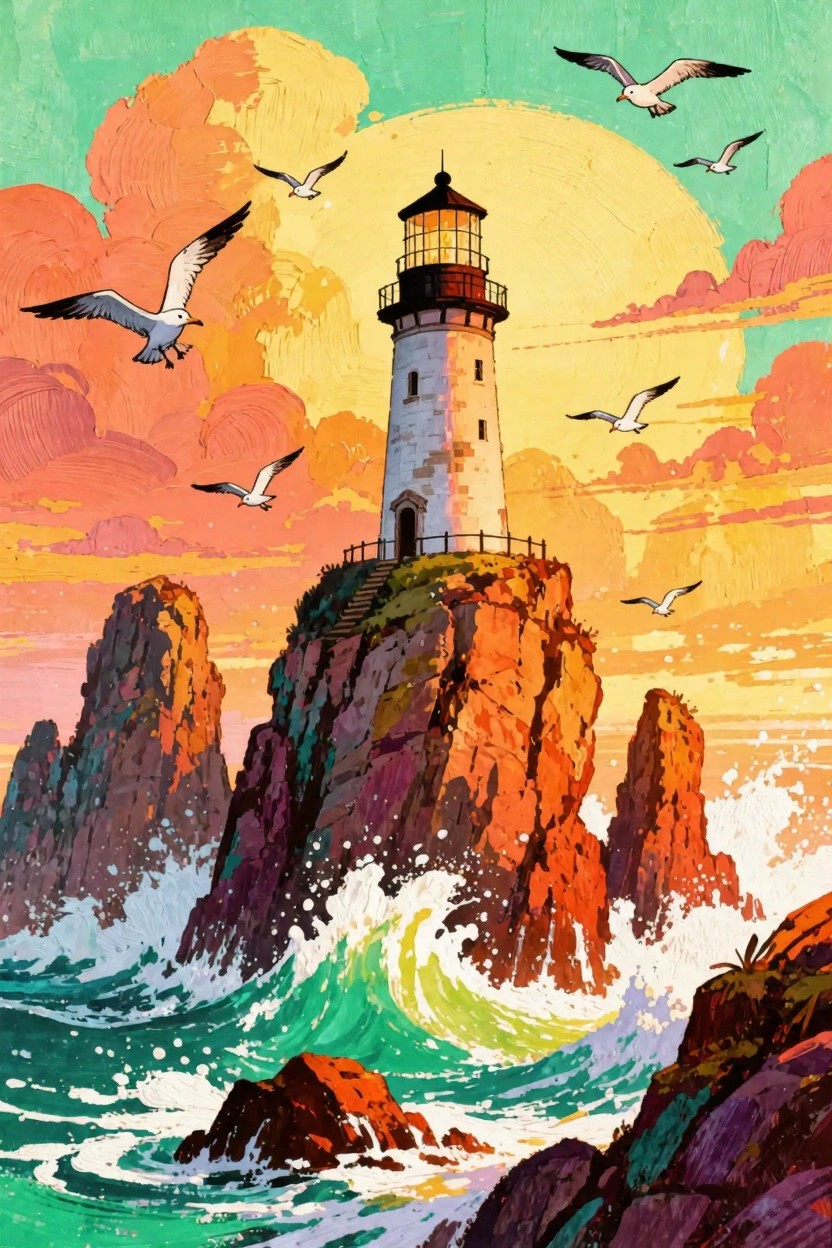 Vibrant painting of lighthouse on rocky cliffs with crashing waves and flying seagulls.