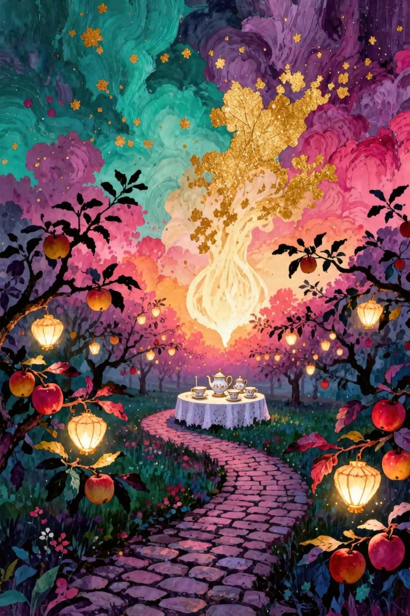 Enchanted cobblestone path leads to tea table amid glowing lantern-lit apple trees