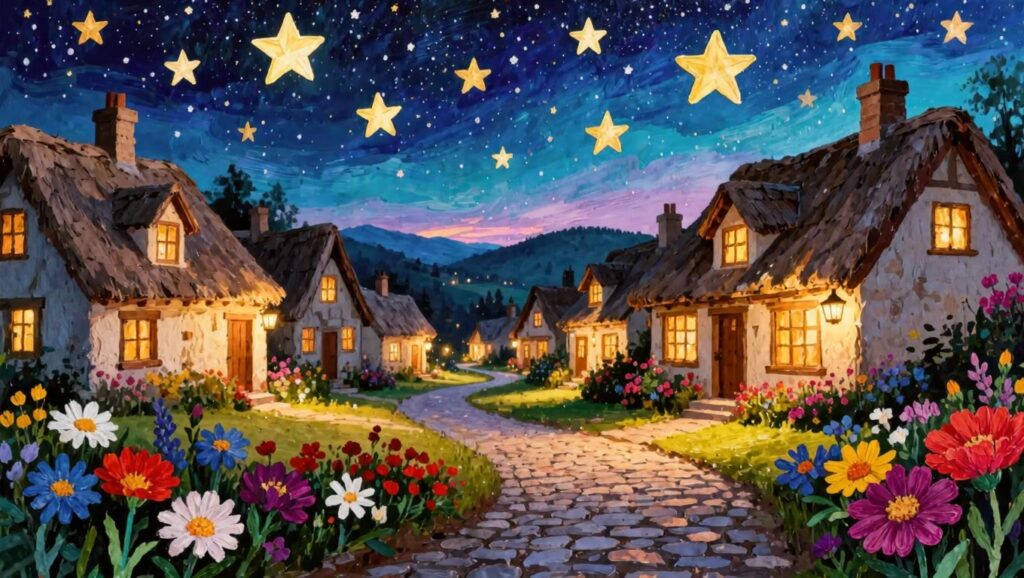 Vibrant painting of starry night over glowing cottages on flower-lined cobblestone path