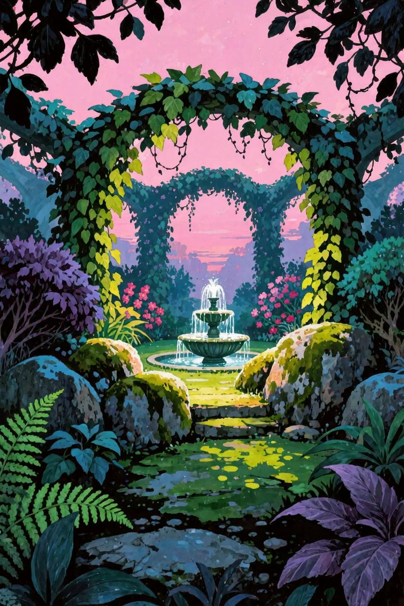 A painting of a fountain in a garden with vine-covered arches under a pink sky.