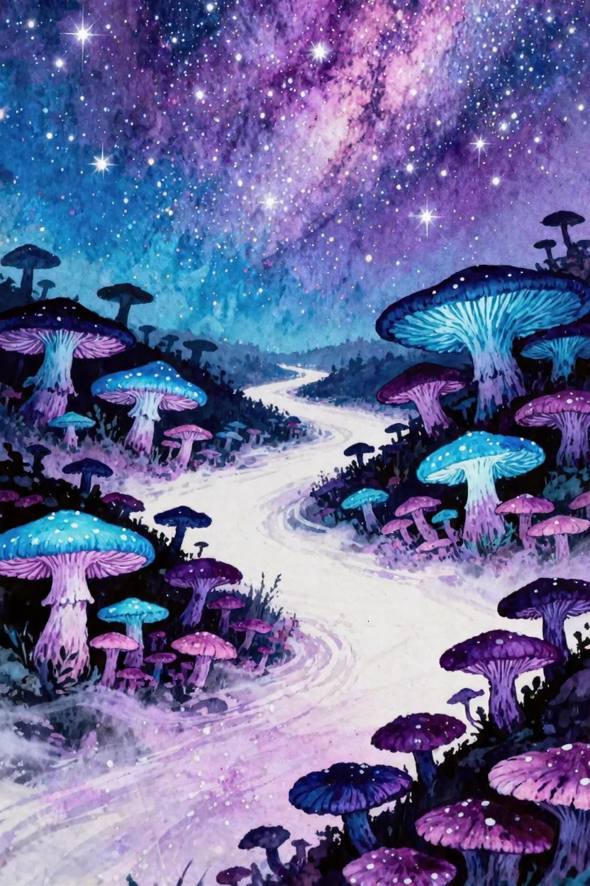 Winding path through glowing mushrooms under a vibrant purple starry galaxy sky