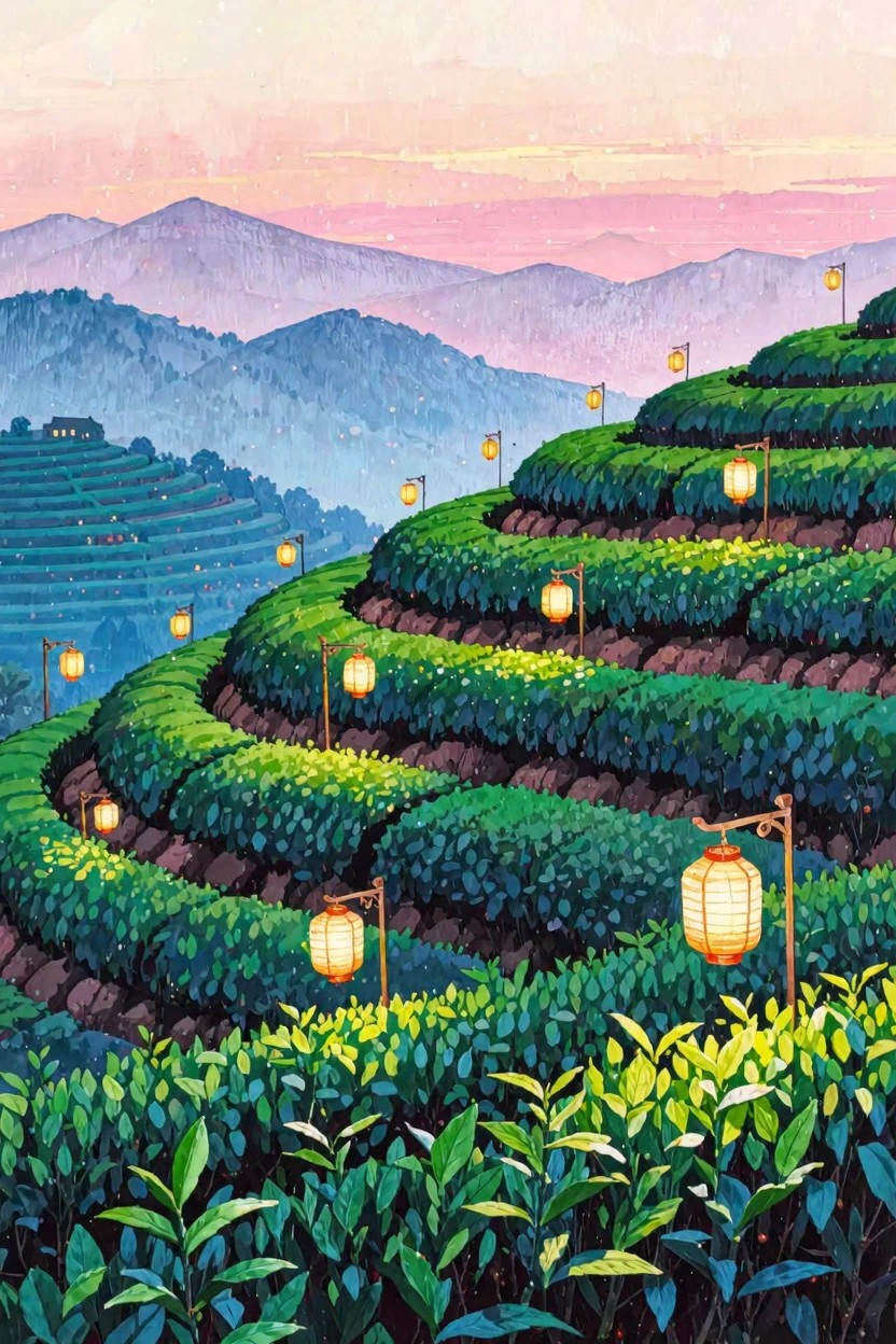 Glowing lanterns illuminate lush green terraced tea fields under a pink mountain sunset.