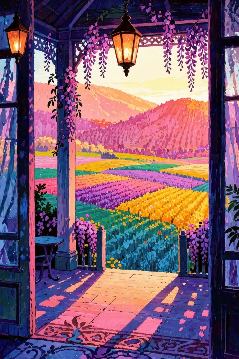 A painting of a wooden porch with hanging purple flowers and lanterns overlooking colorful striped fields and mountains at sunset.