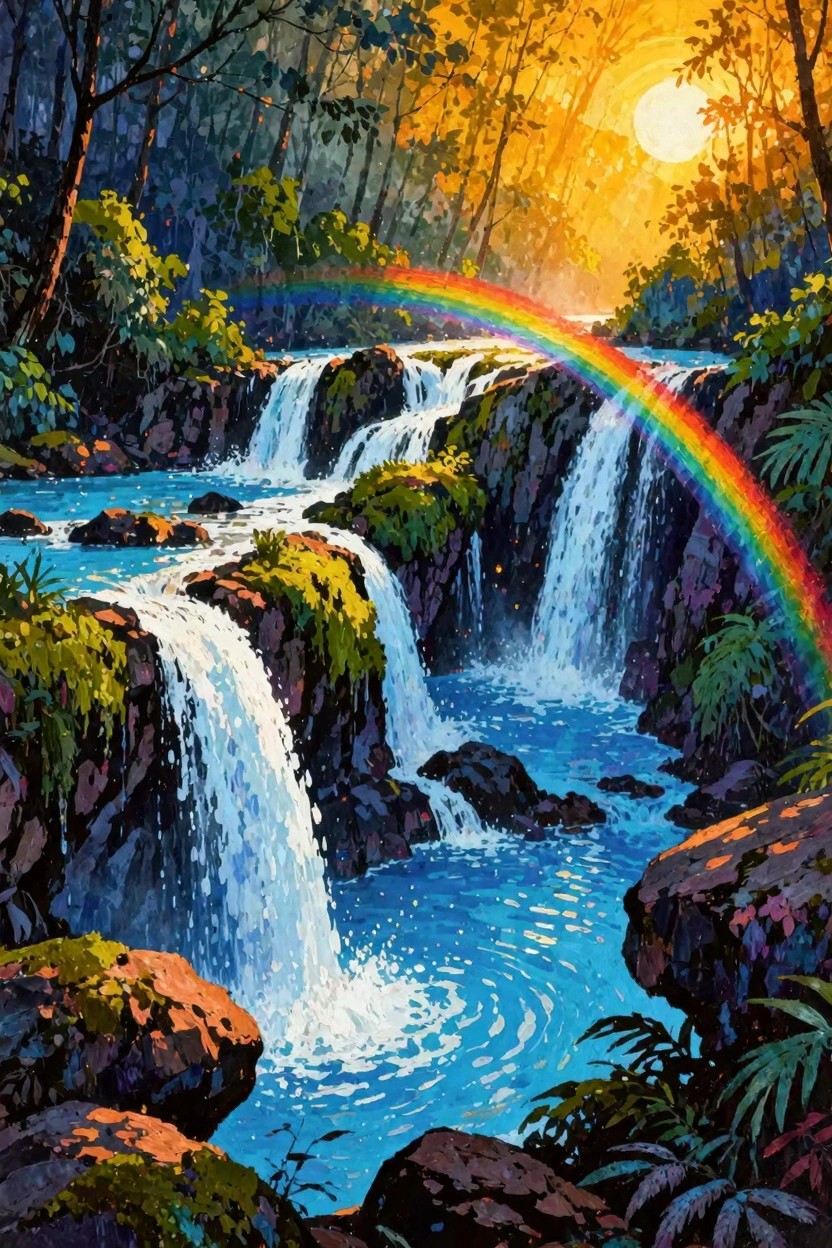 Vibrant painting of cascading waterfalls with rainbow over sunlit forest river.