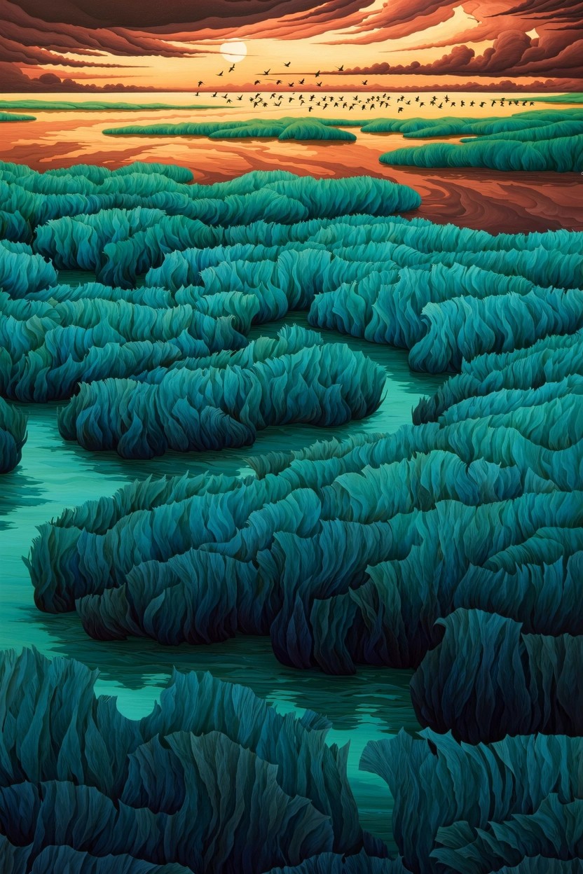 Teal wavy hills and winding waters beneath dramatic orange sunset with flying birds