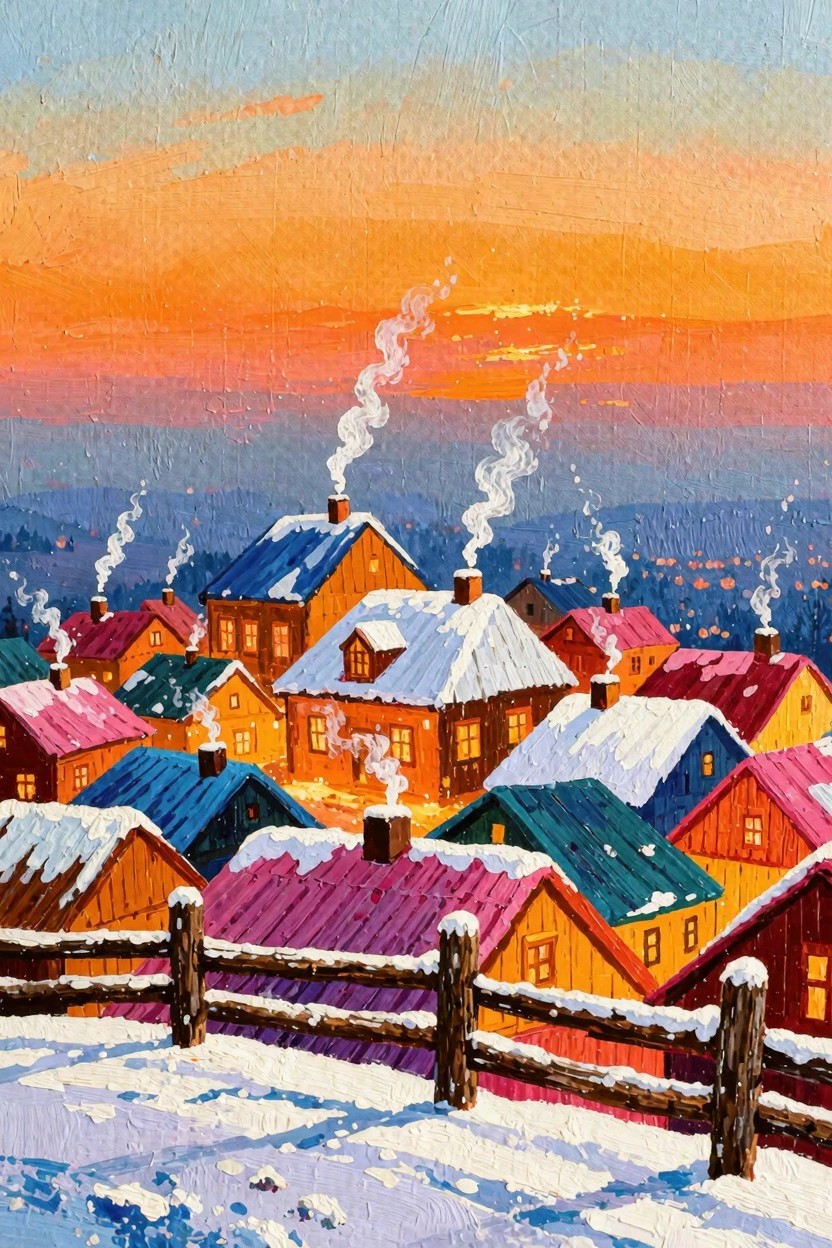Colorful snowy village houses with smoking chimneys at vibrant orange sunset, wooden fence foreground