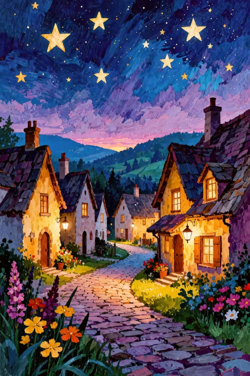 Vibrant painting of starry night over glowing cottages on flower-lined cobblestone path
