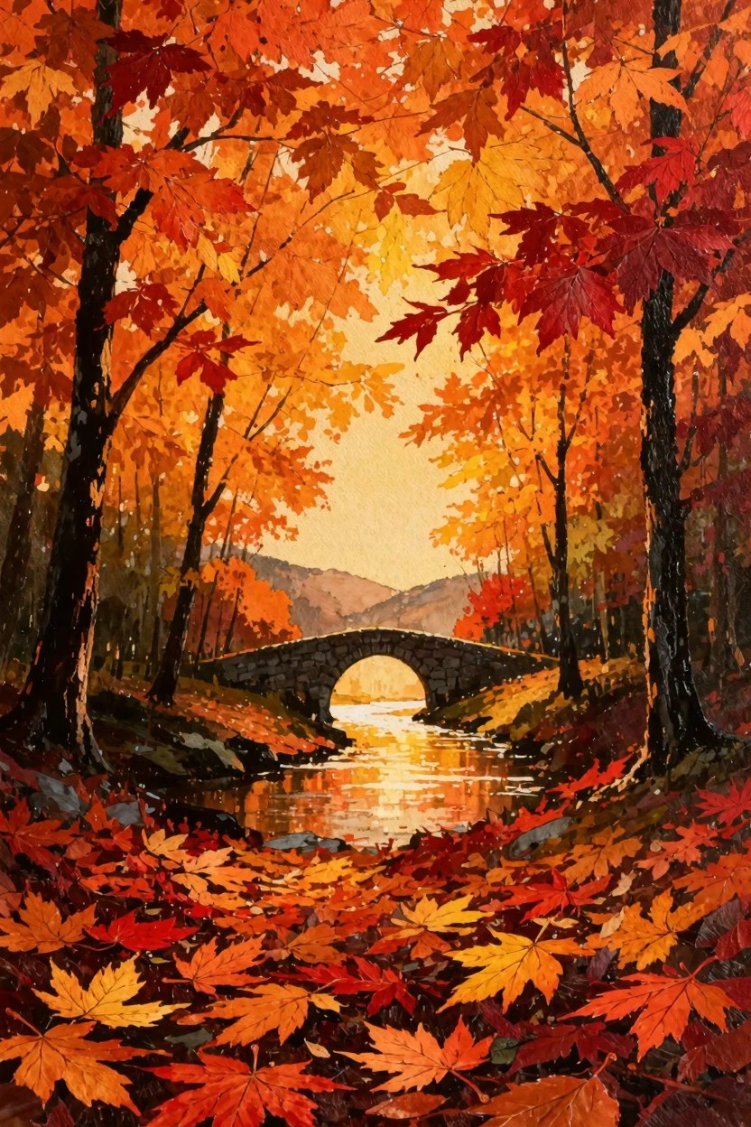 Autumn forest scene with stone bridge over river amid red-orange maple leaves.