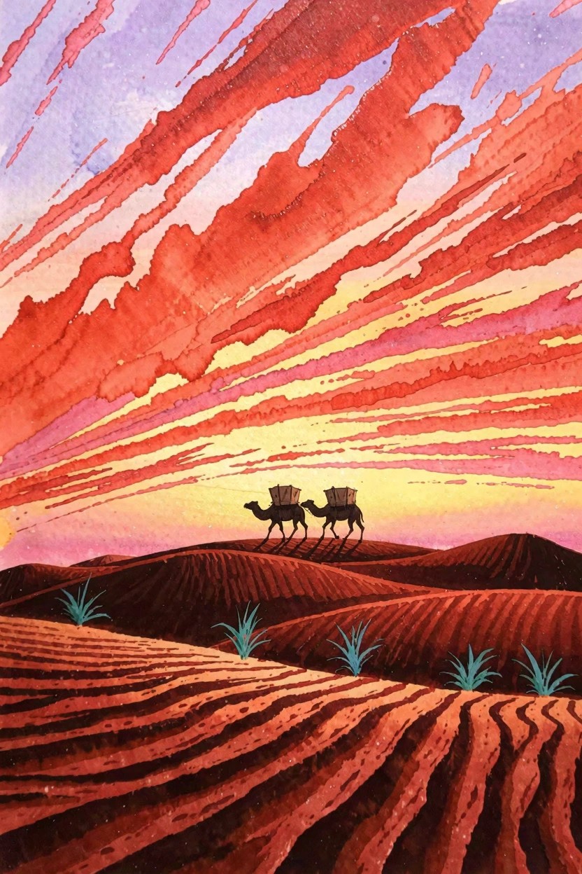 A painting of two camels walking on sand dunes under a sky with bold red and orange streaks.