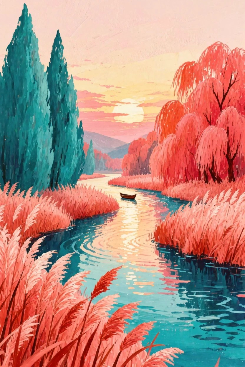 Small boat on winding river amid pink reeds and colorful trees at sunset.