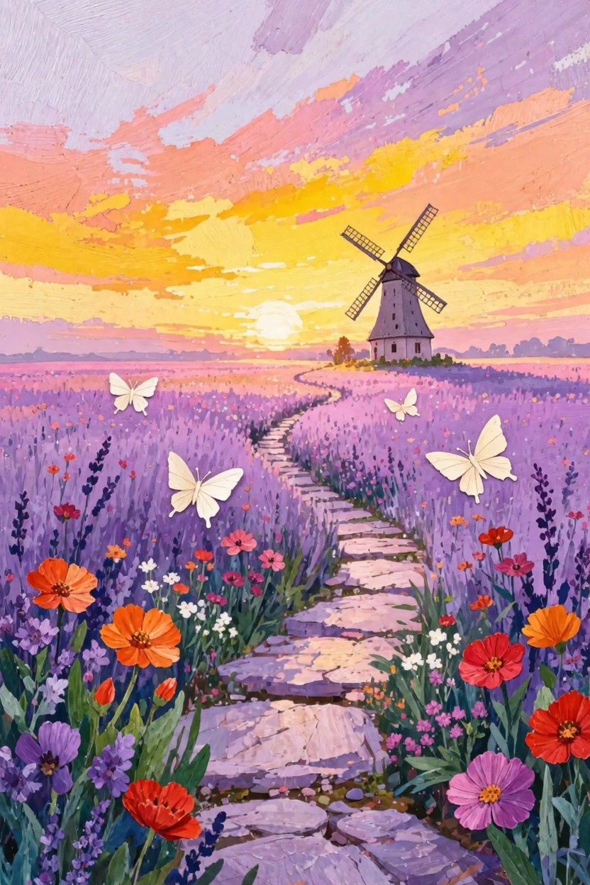 Winding stone path through lavender fields to windmill under vibrant sunset with butterflies