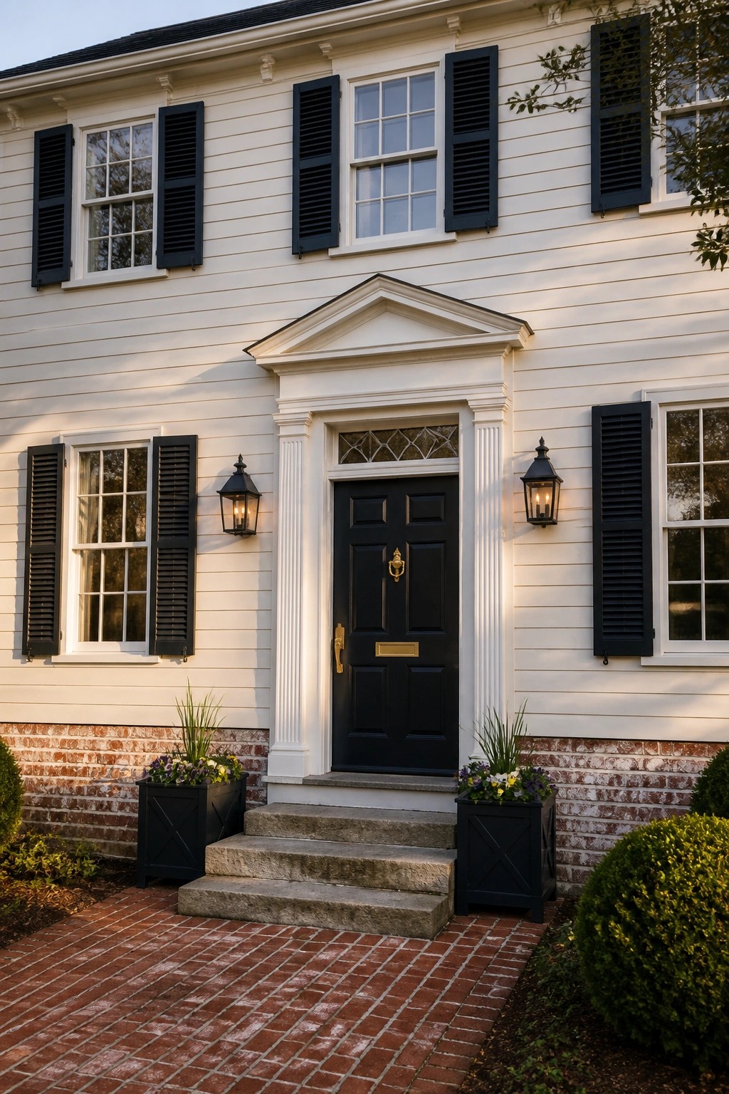 A two-story house with creamy white siding and black shutters around the windows.