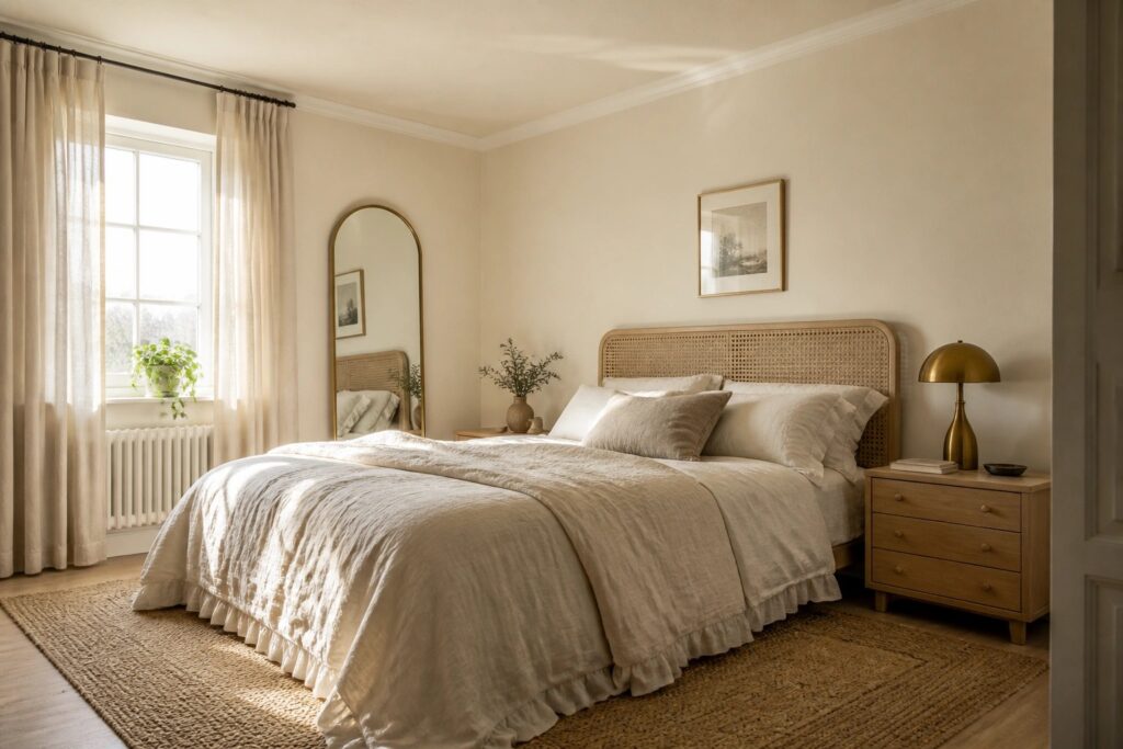 18 Classic Benjamin Moore Neutral Paint Colors That Work Across Changing Decor Styles A bedroom with soft warm beige walls and a bed dressed in cream linens.