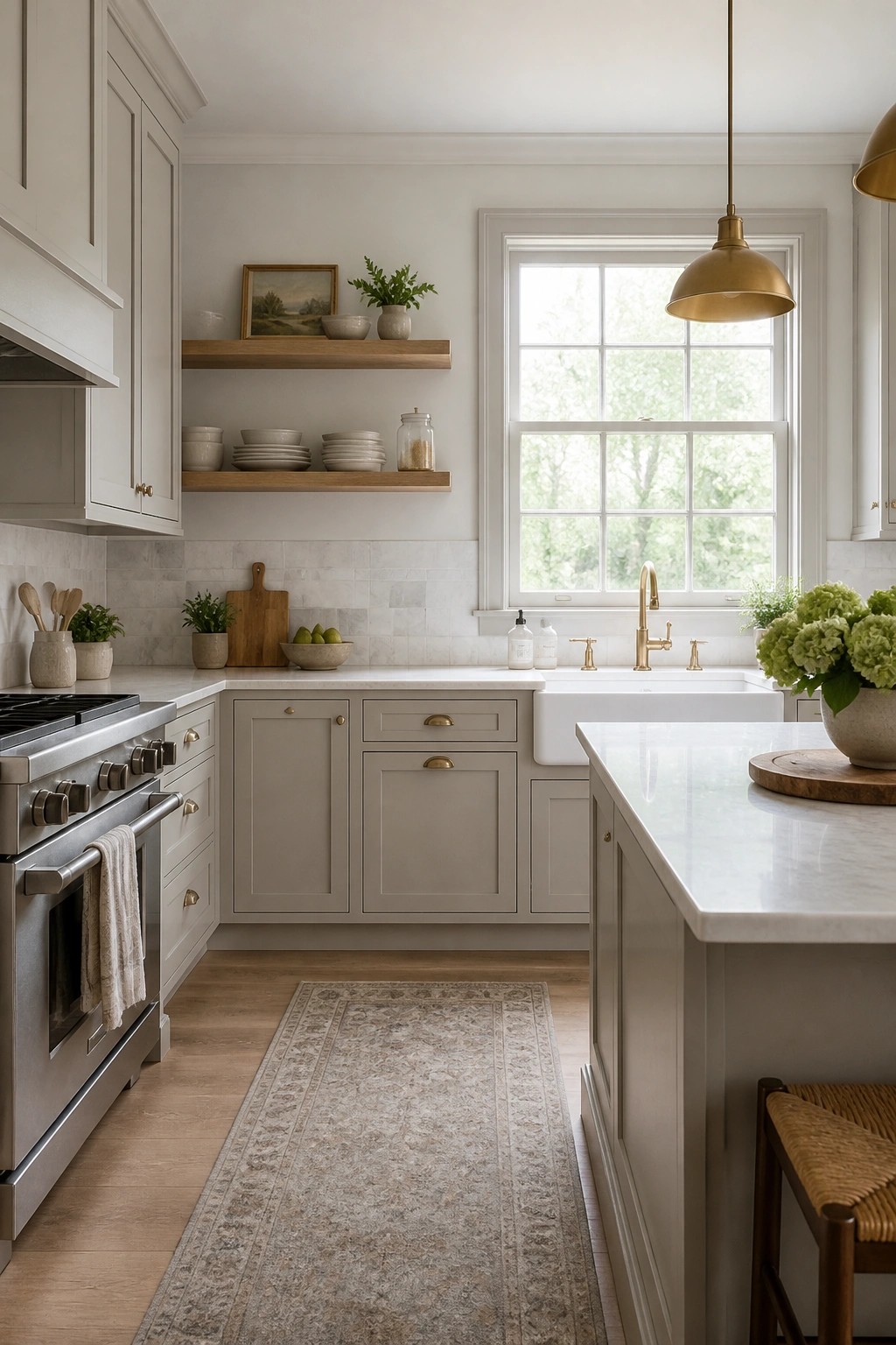A kitchen with soft greige cabinets and a white farmhouse sink.