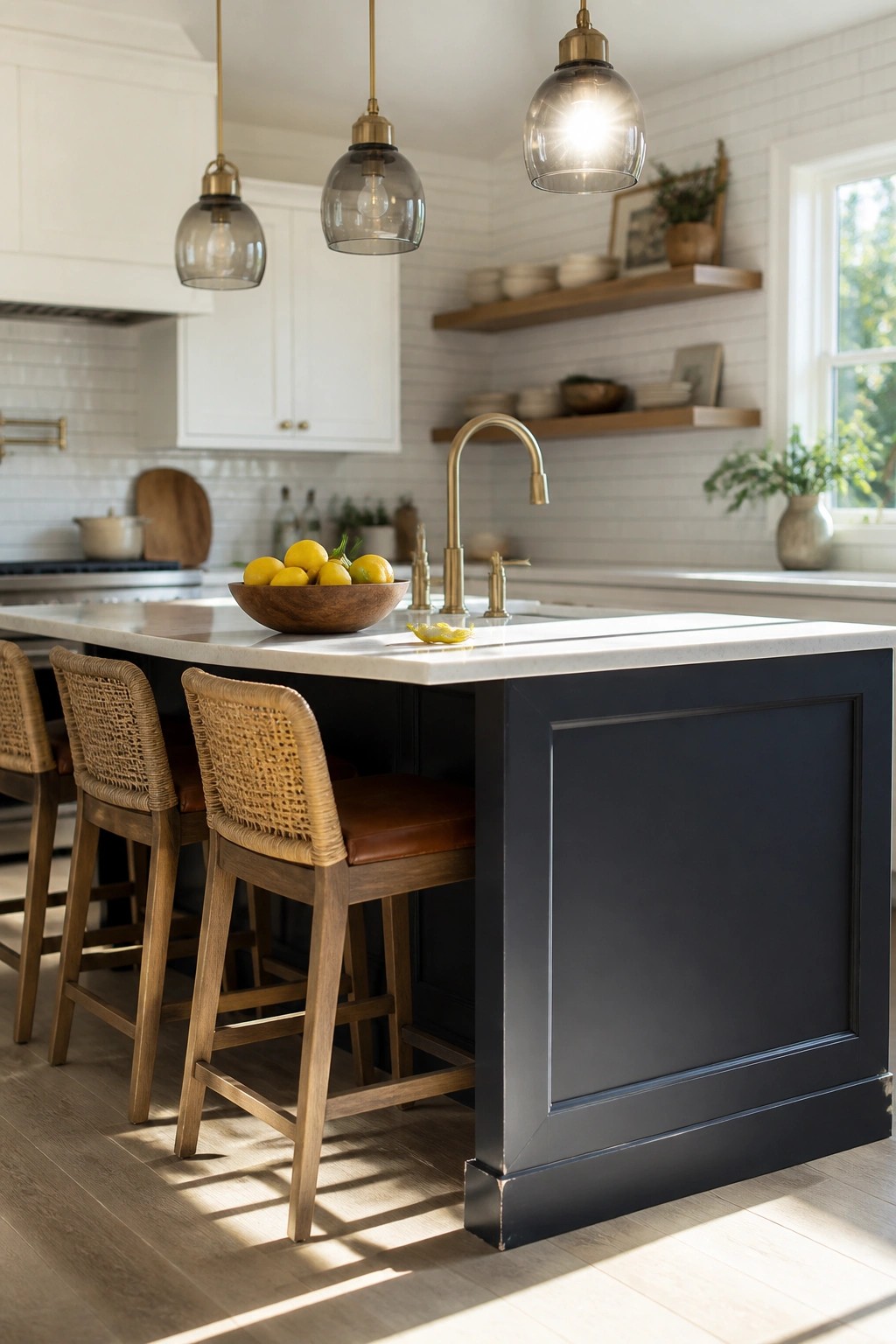 A kitchen island painted deep navy with white countertops and wood bar stools.