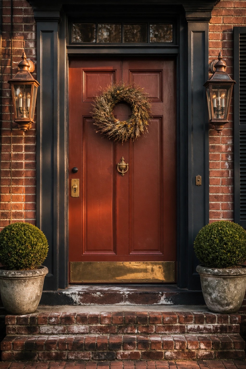 Red door with wreath between glowing lanterns and potted shrubs on brick steps