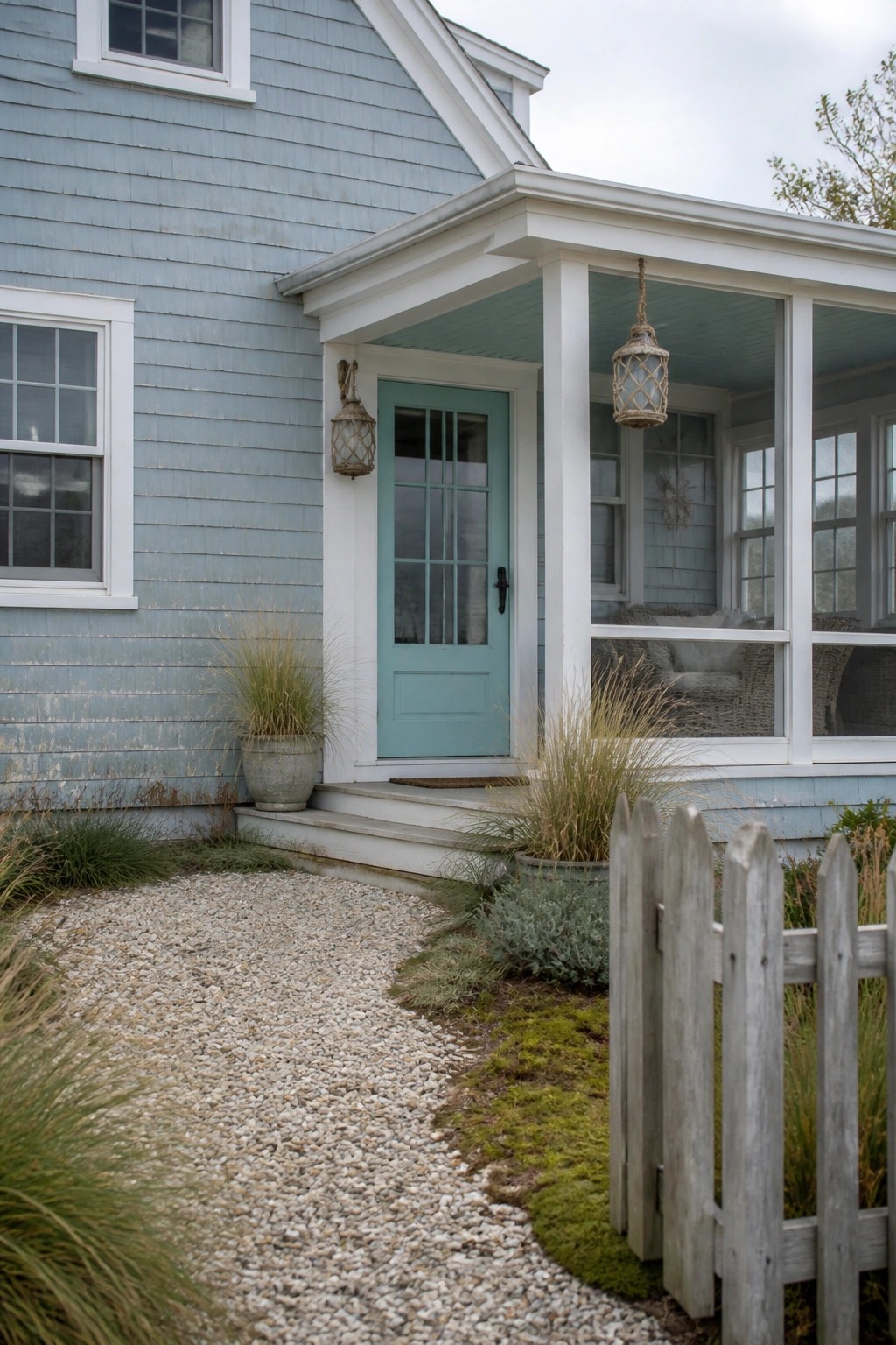 A house exterior with soft blue gray siding and white trim.