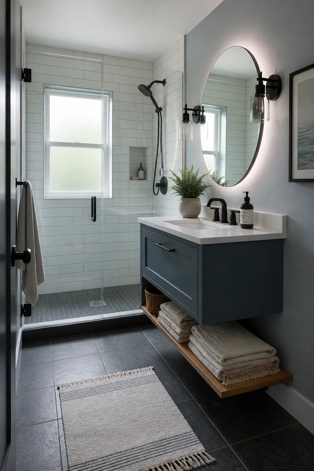 Modern bathroom with navy floating vanity, round backlit mirror, and glass shower.