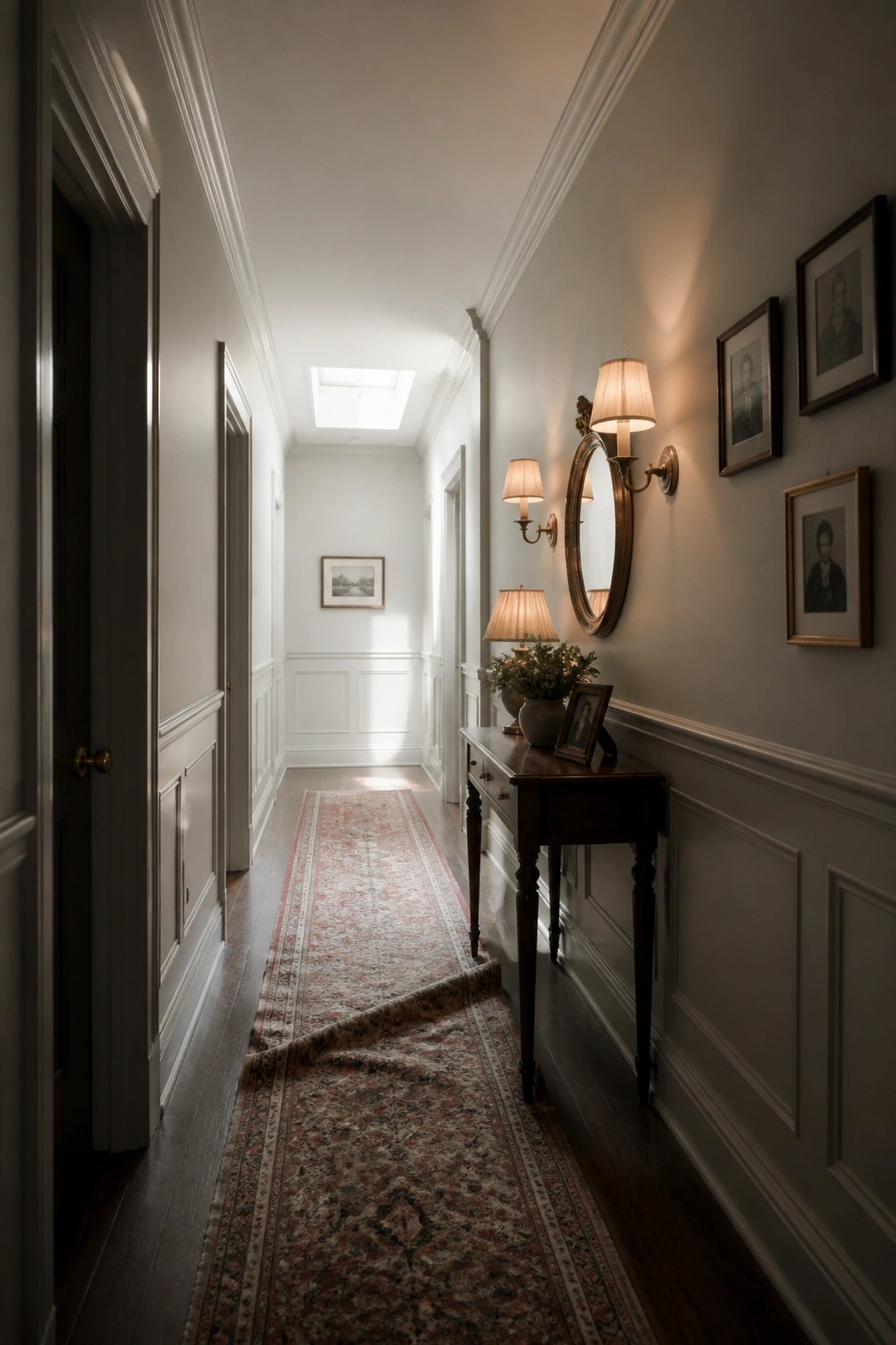 A narrow interior hallway painted in a soft light gray with white trim and a long runner on the floor.