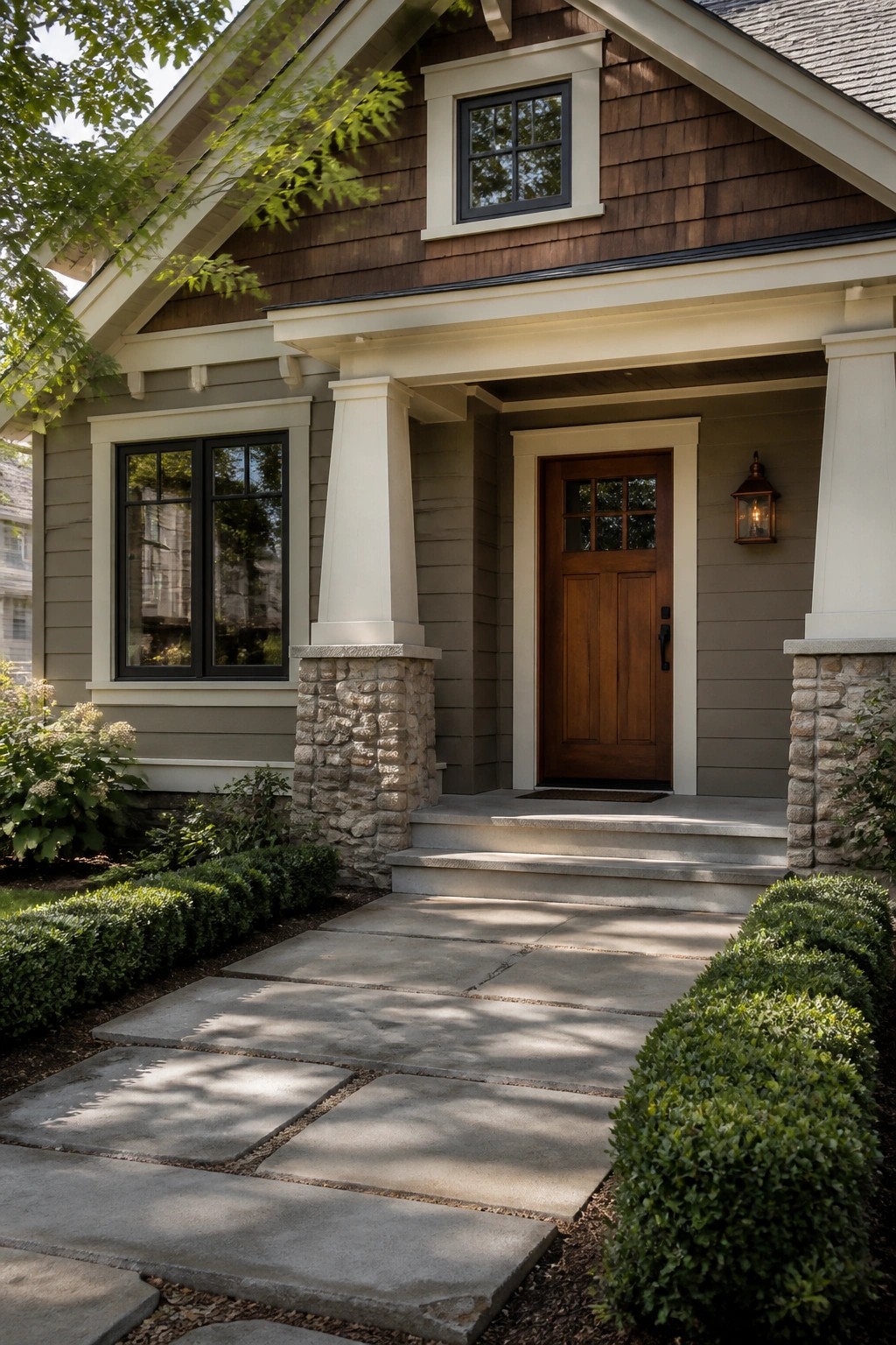 House exterior painted in a soft greige neutral with white trim and stone columns.