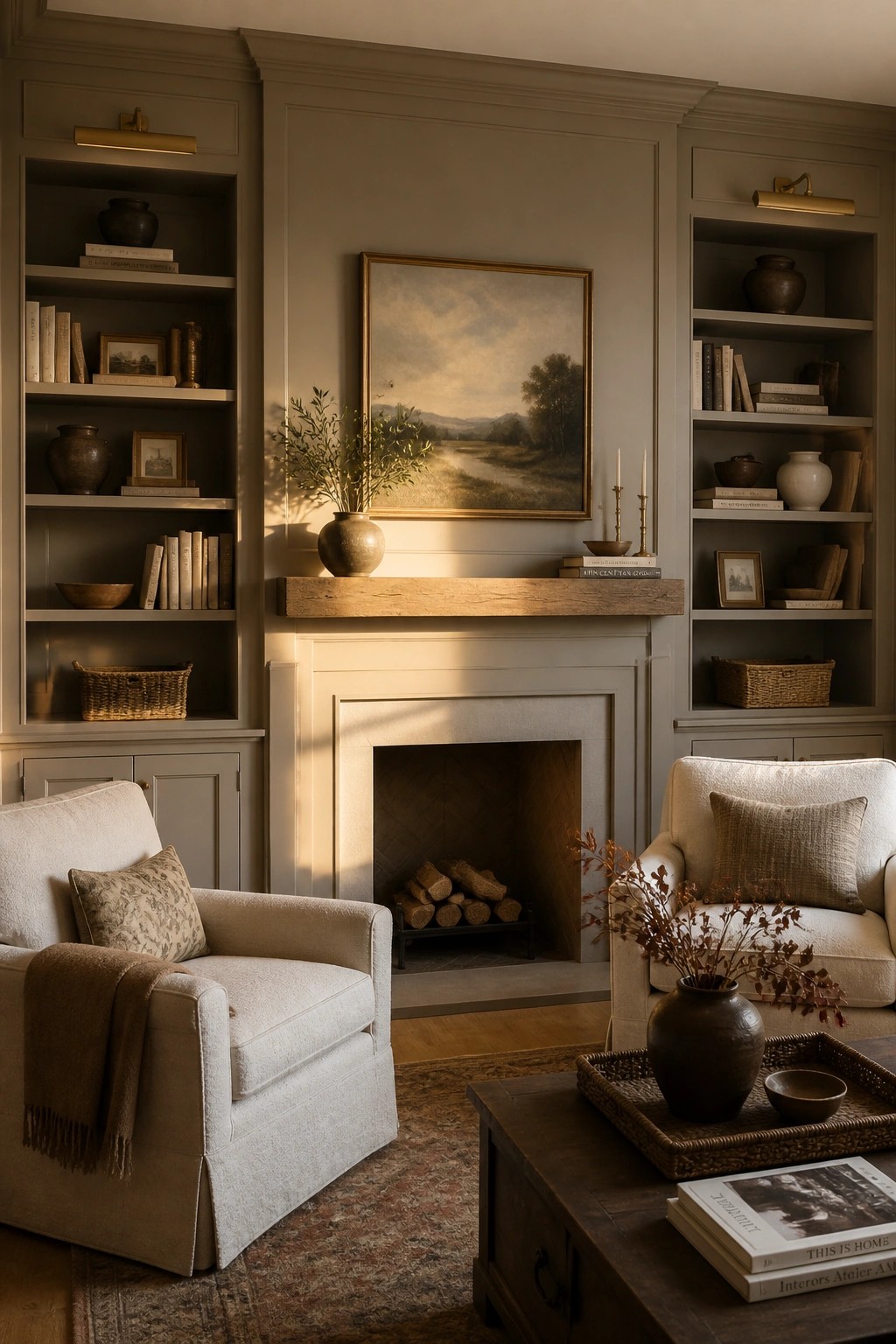 Cozy neutral living room with fireplace, built-in bookshelves, armchairs, and landscape painting.