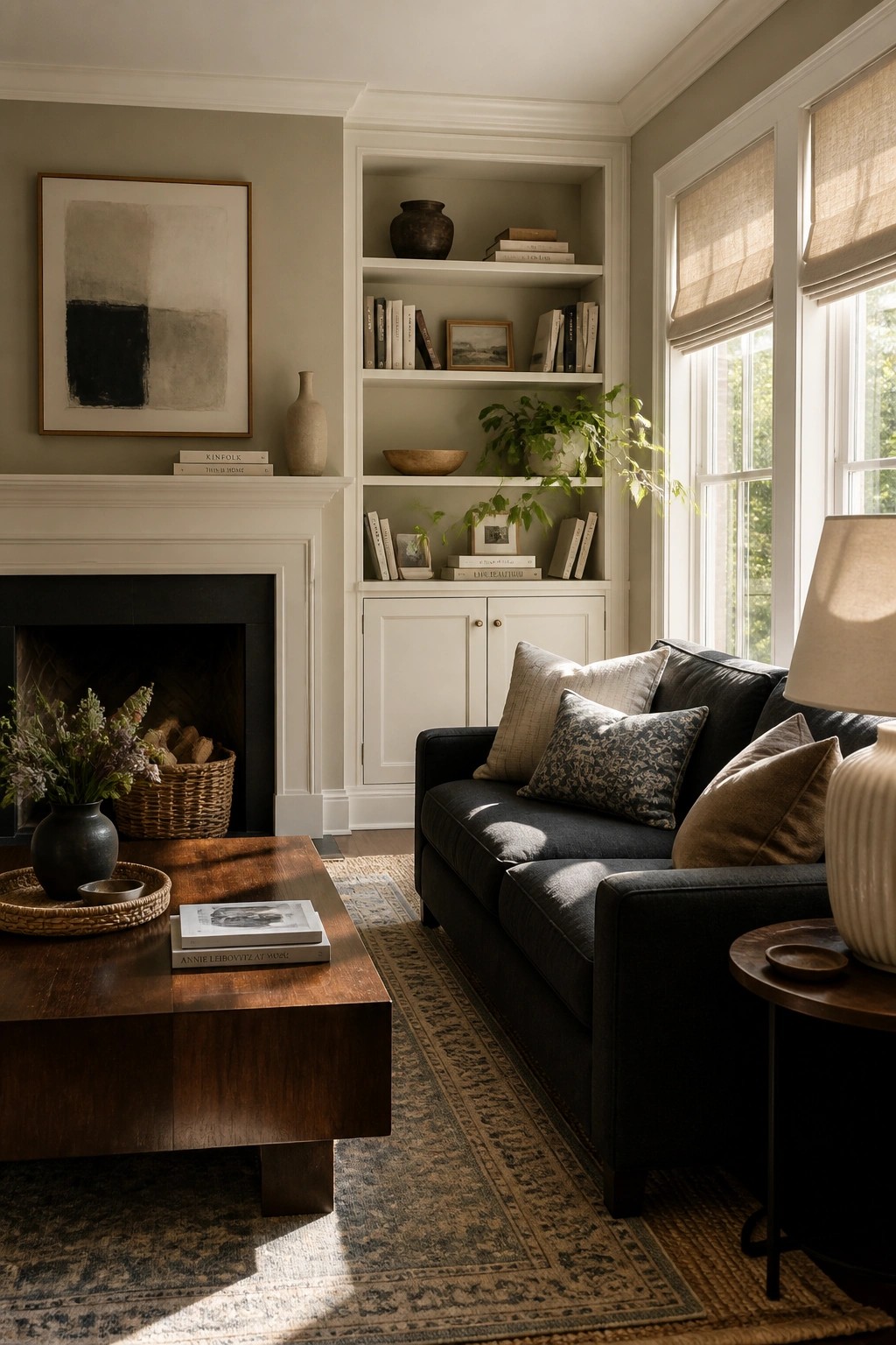 Living room with walls painted in a soft greige neutral next to white built-in shelves.
