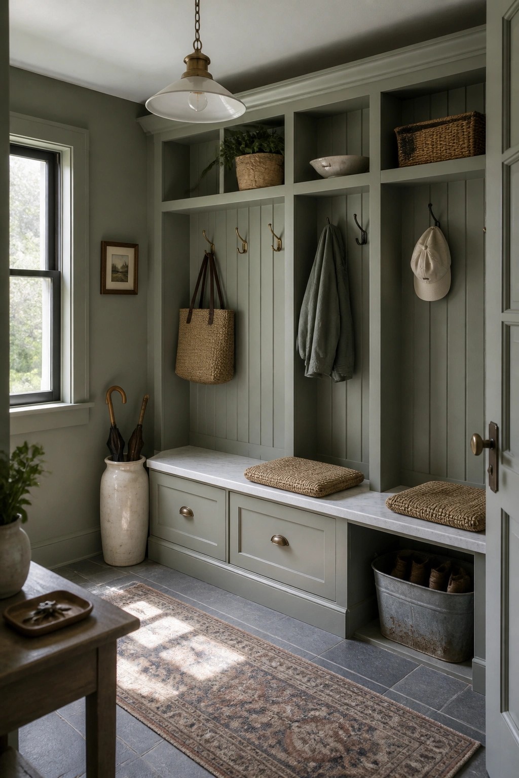Built-in cabinetry painted in a soft sage green inside a traditional mudroom.