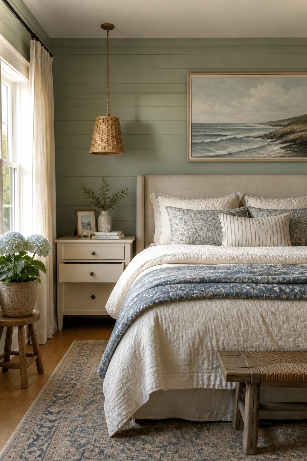 A bedroom featuring soft sage green walls with white trim and wood flooring.
