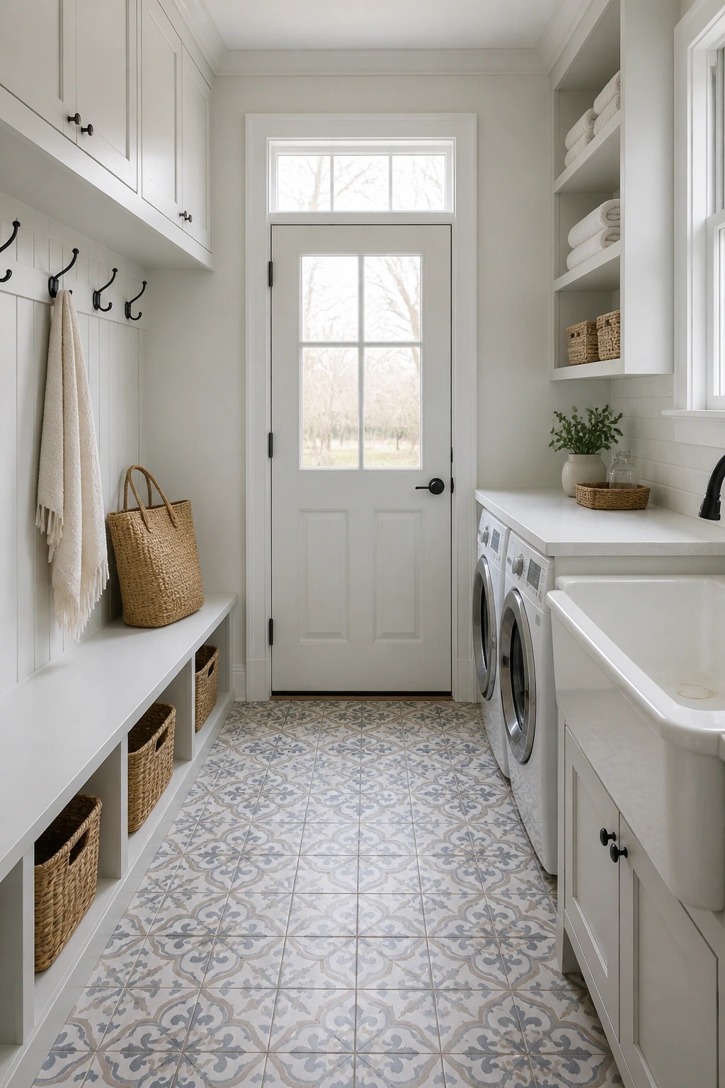 White walls in a laundry room with built-in cabinetry and a patterned tile floor.
