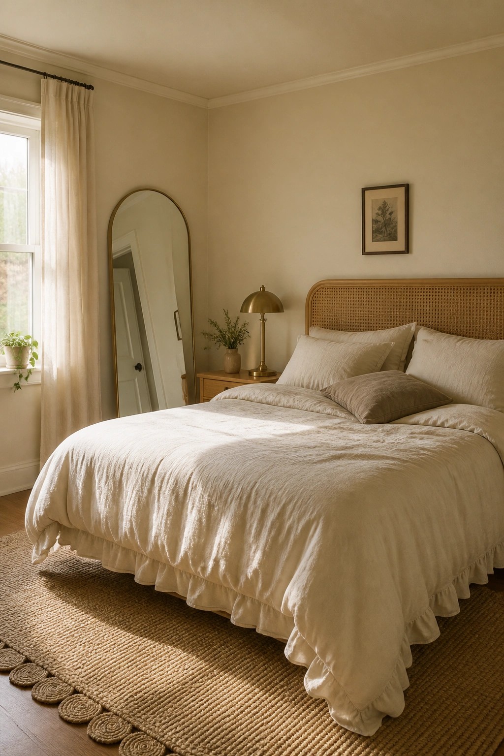 A bedroom with soft warm beige walls and a bed dressed in cream linens.