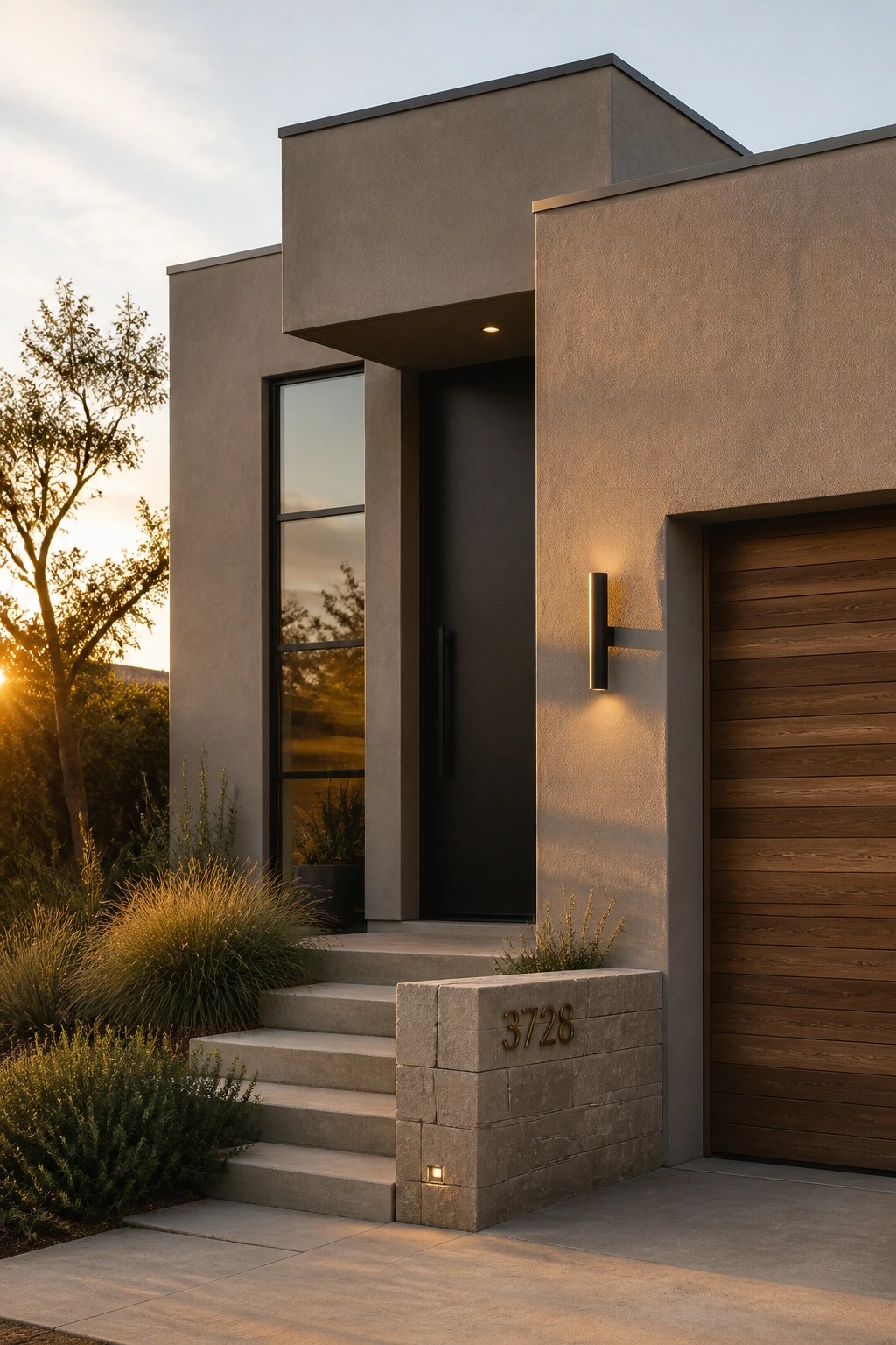 Modern concrete house with black door, steps, stone address 3728, and wood garage.